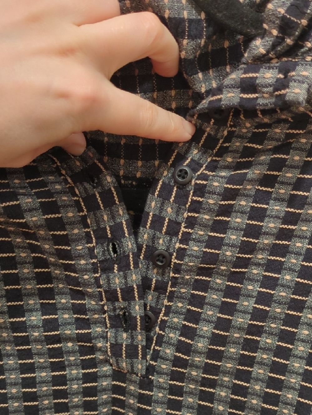 Ace&Jig Navy and Black Plaid Cowl neck Button Henley Top Large Cottage Lagenlook - Picture 3 of 6